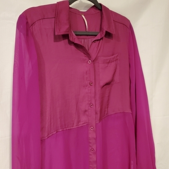 Free People Fushia Sheer Half & Half Blouse - Picture 5 of 8